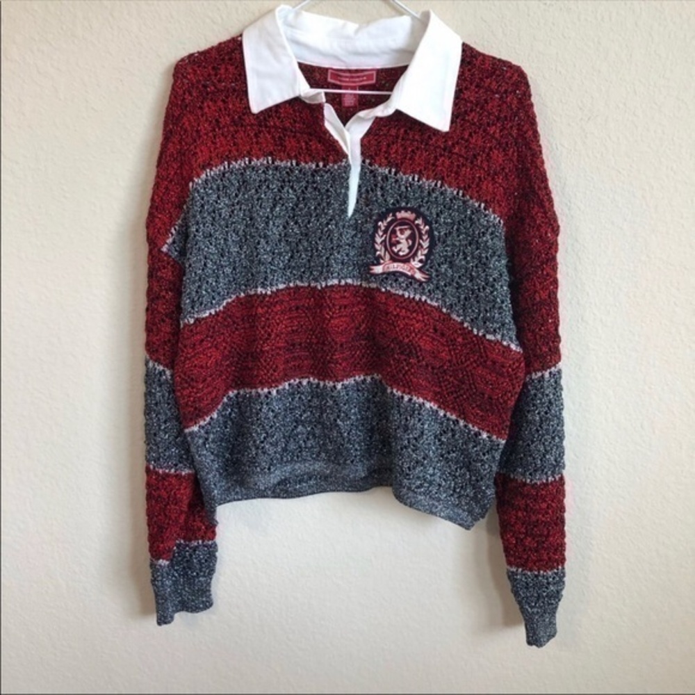 Hilfiger Collection Sweater Striped Knit Rugby Tommy Hilfiger Red Silver NWT